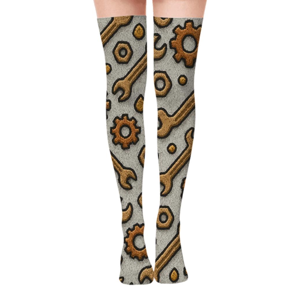 Copper Mechanic Crafted Knit Gear Parade designer print over-the-knee socks