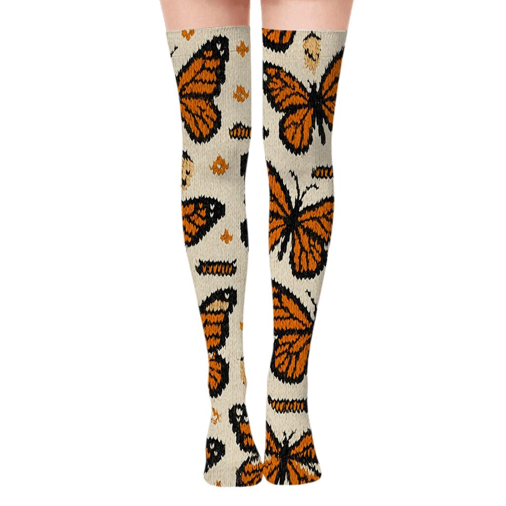 Monarch Knit Chevron Parade On Ivory Background unique graphic over-the-knee socks
