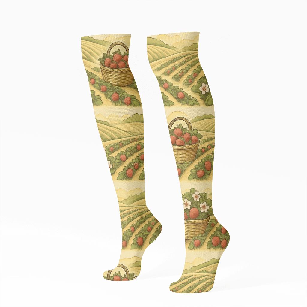 Vintage Strawberry Field Landscape Wrap On Cream Background premium sports knee-high socks
