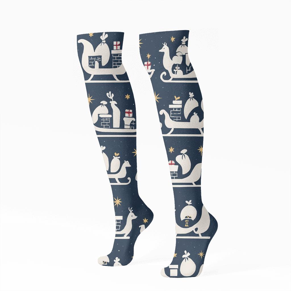 Midnight Blue Sleigh Silhouettes With Santa Claus Interior unique graphic knee-high socks