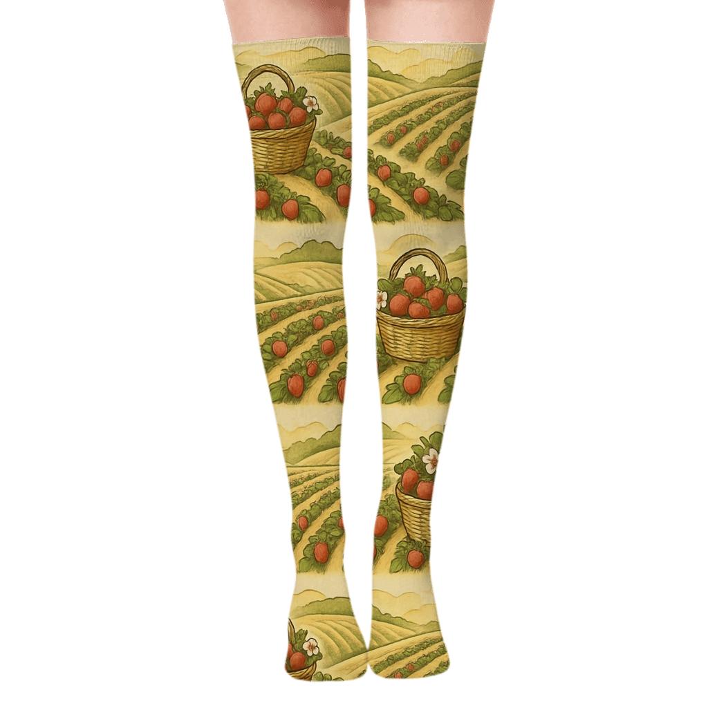 Vintage Strawberry Field Landscape Wrap On Cream Background custom over-the-knee socks