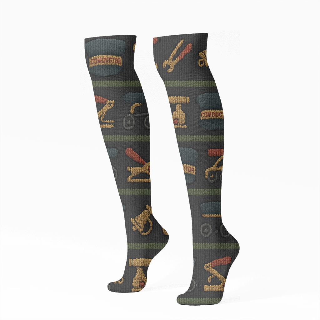 Knitted Rail Rhythm, Train Conductor Edition soft everyday knee-high socks