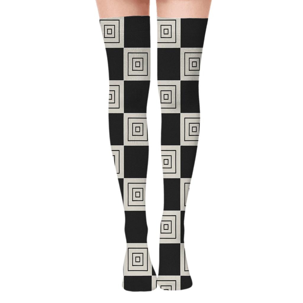 Charcoal And Ivory Nested Checker Blocks With Concentric Square Insets custom over-the-knee socks