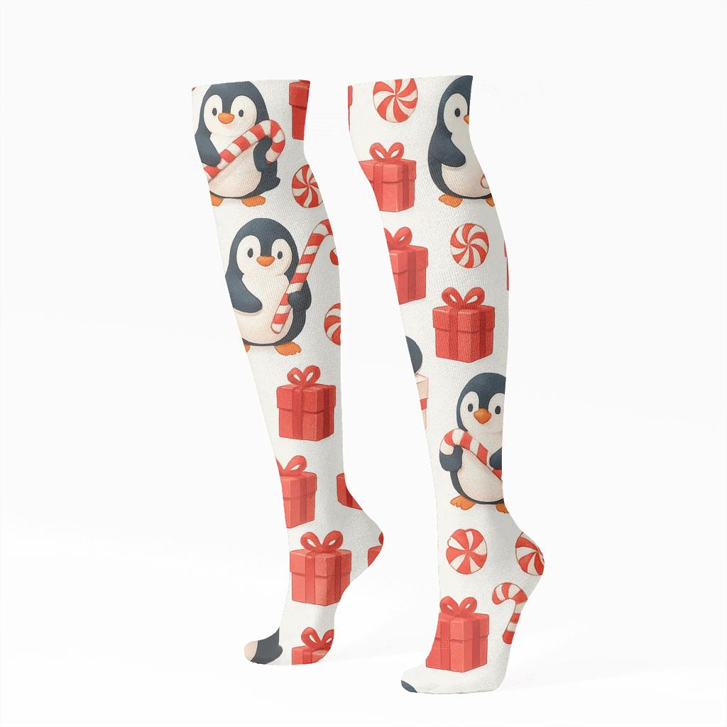 Candy Cane Penguin Grid On White Background personalized knee-high socks