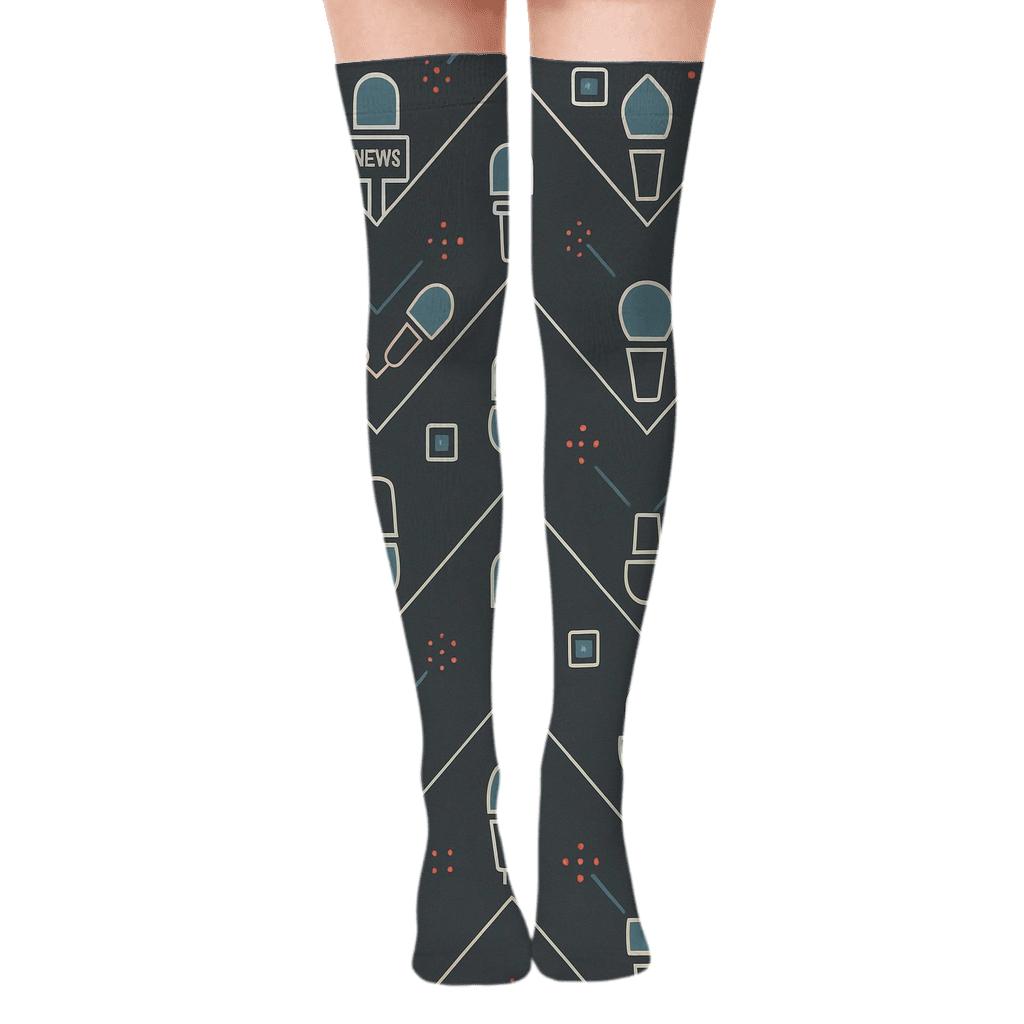 Journalist Microphone Chevron On Charcoal Field unique graphic over-the-knee socks