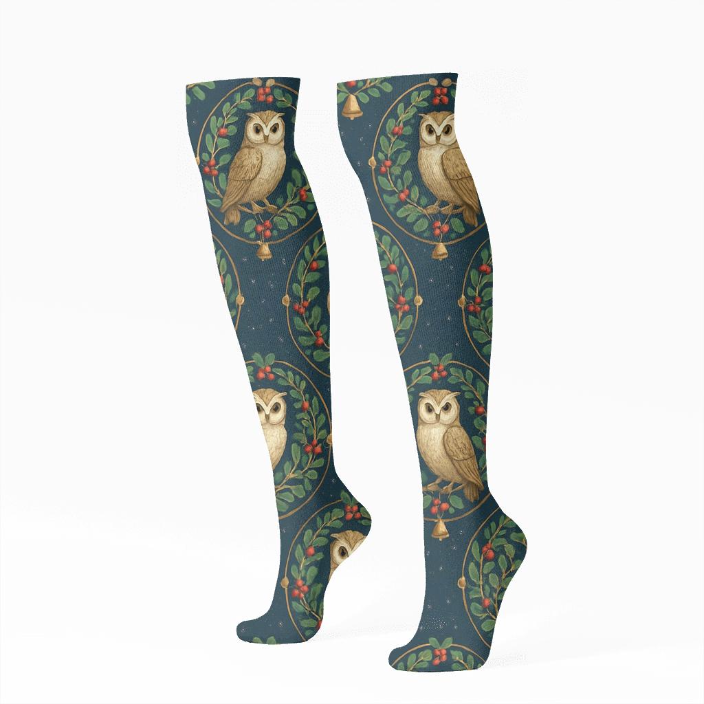 Mistletoe Owl Medallions On Navy Blue Background soft everyday knee-high socks
