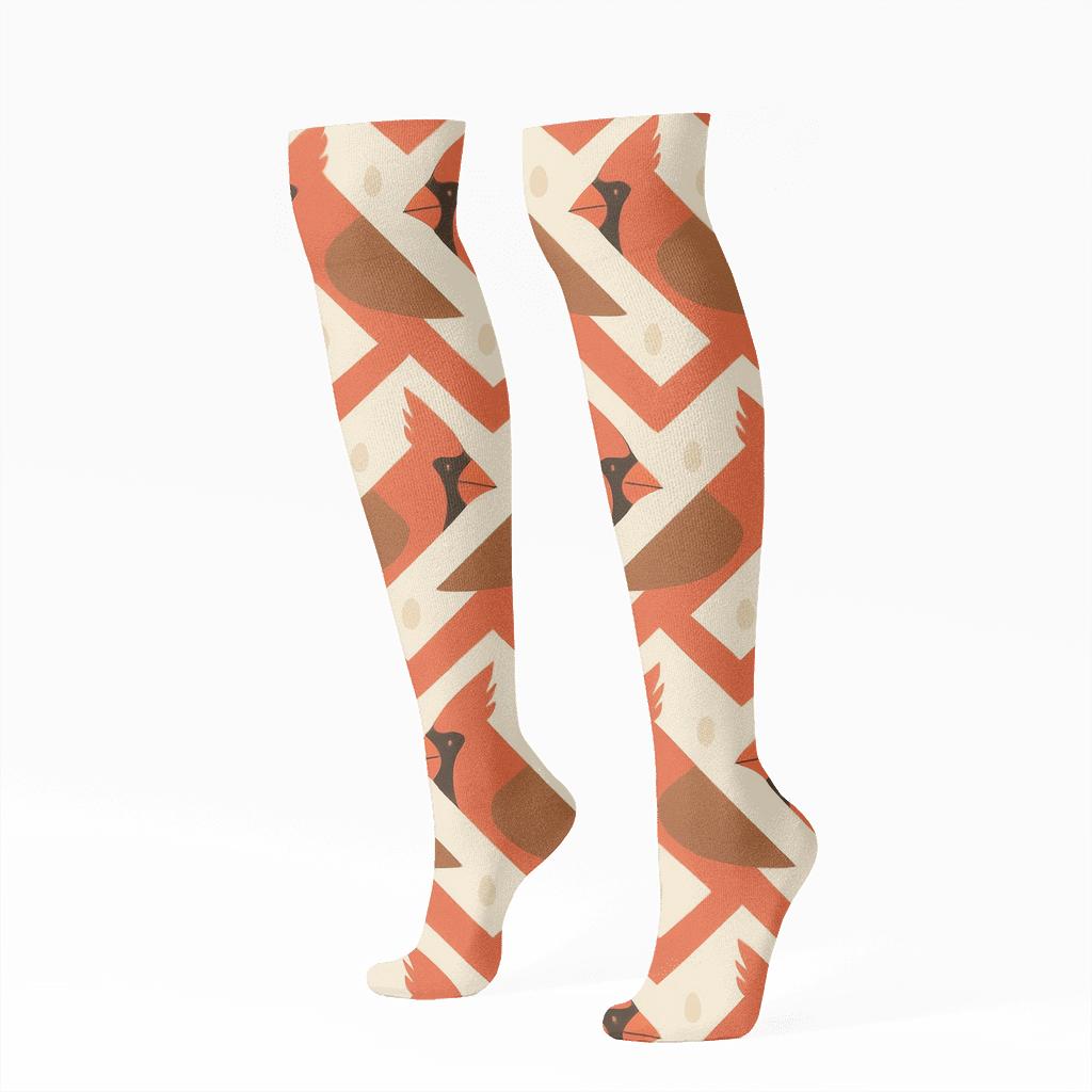Coral Cardinal Beak Chevron On Ivory Field designer print knee-high socks