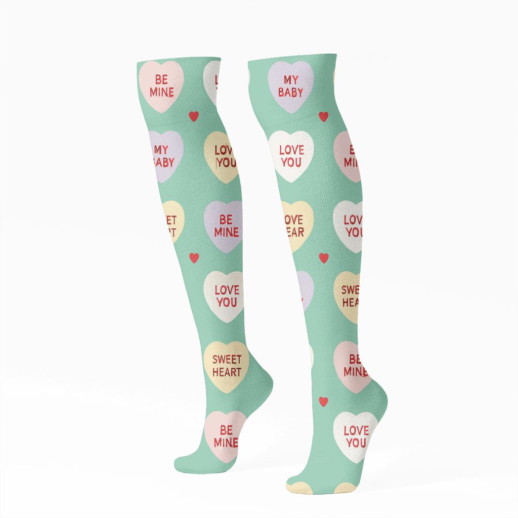 Candy Heart Messages In Minimal Grid On Mint Green Background unique graphic knee-high socks