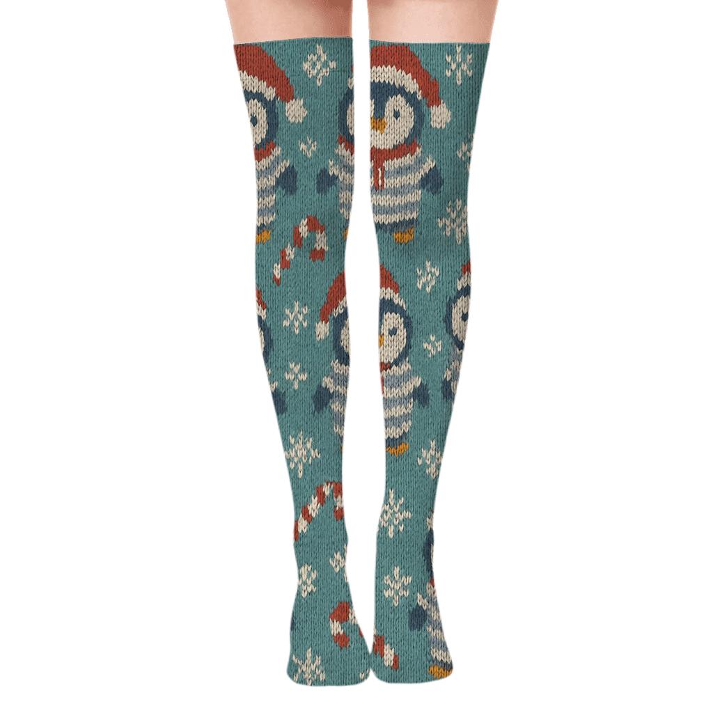Penguin Pajamas Scene With Holiday Knit Illusion custom over-the-knee socks