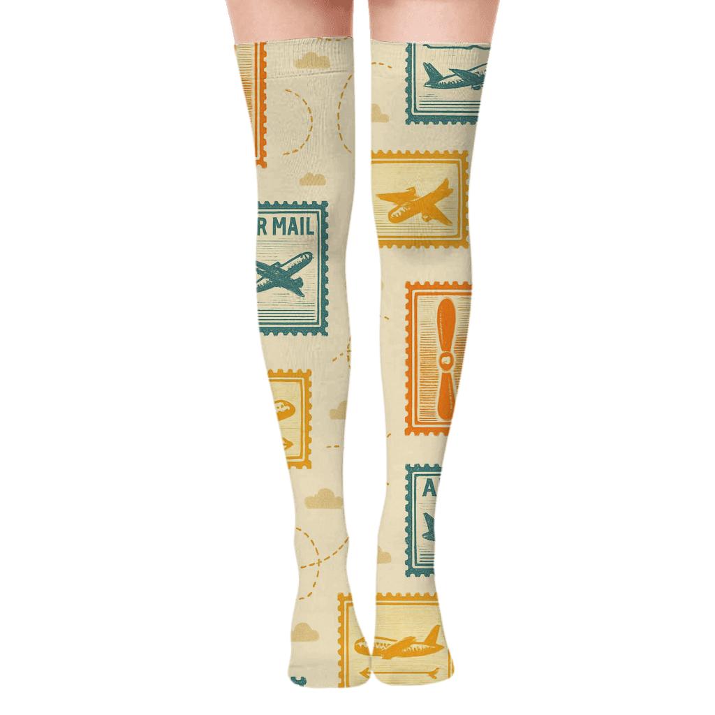 Vintage Poster Airplane Travel Stamp Scatter custom over-the-knee socks