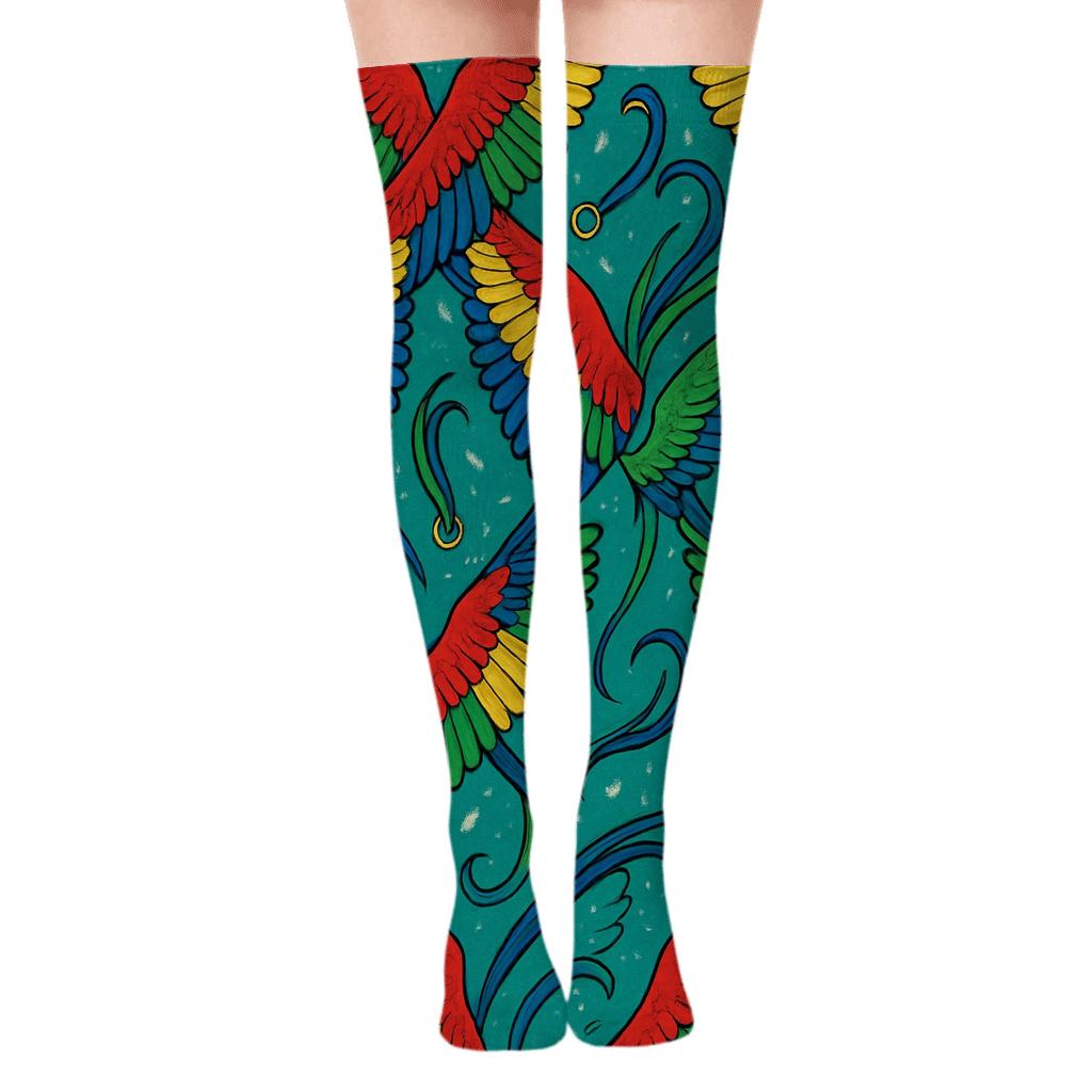 Tropical Parrot Wing Tilework On Teal Background soft everyday over-the-knee socks