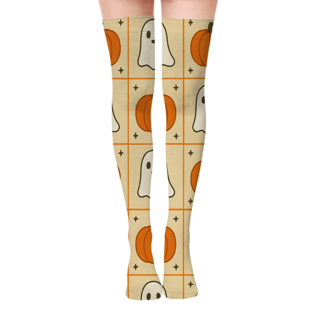 Ghost And Orange Pumpkin Alternating Checker On Proper Neutral Background personalized over-the-knee socks