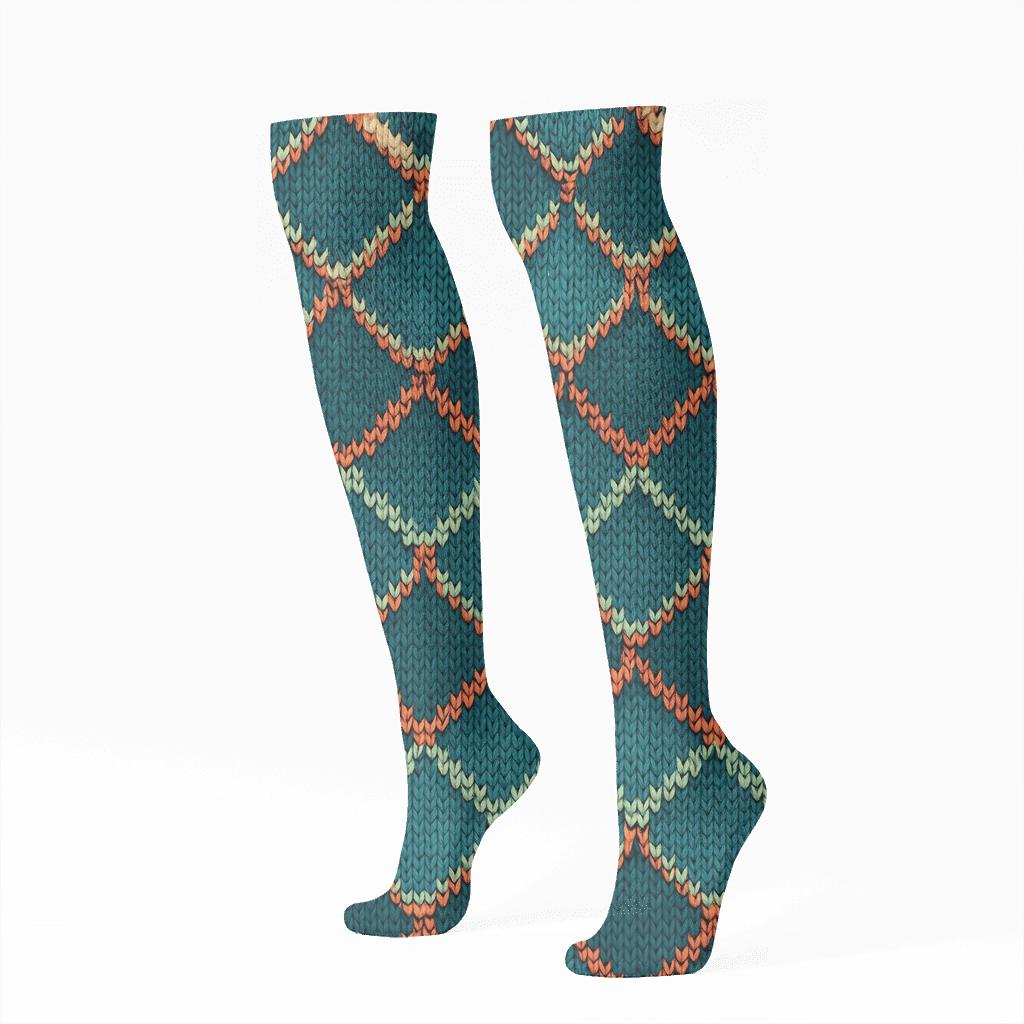 Knitted Illusion Fish Scale Chevron In Deep Teal custom knee-high socks
