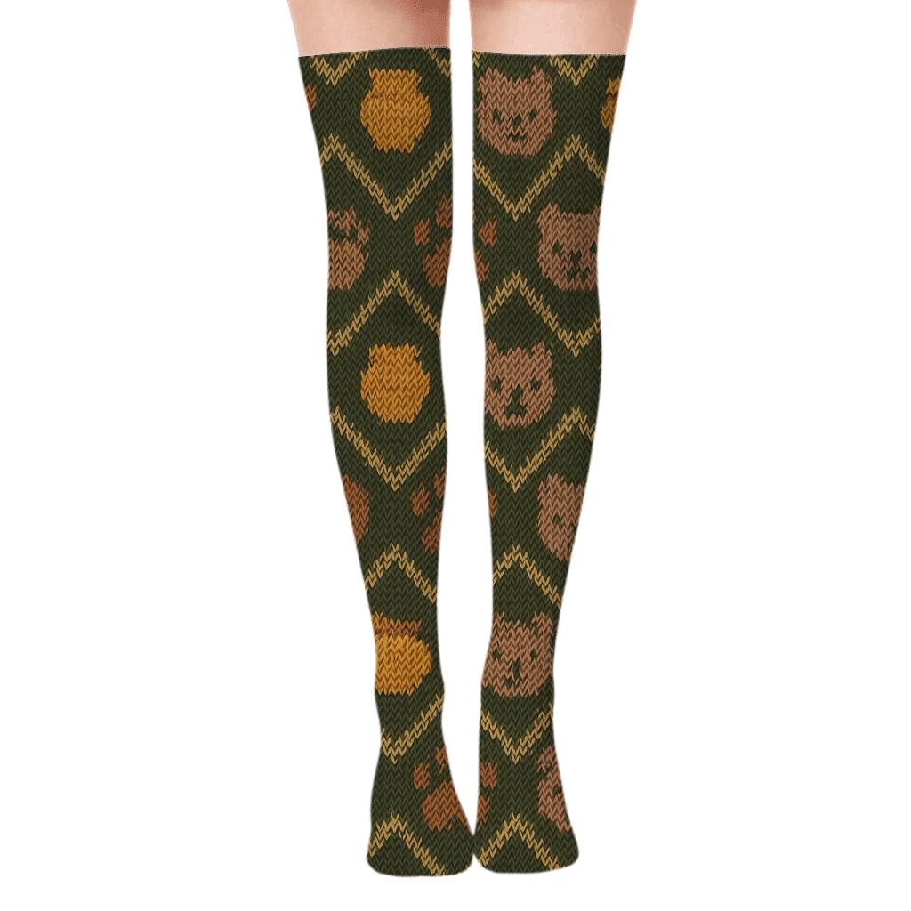 Knitted Cabin Plaid With Bear Motifs soft everyday over-the-knee socks