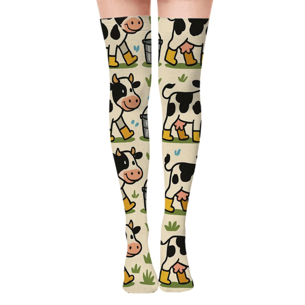 Pasture Landscape Wrap With Cow Parade designer print over-the-knee socks