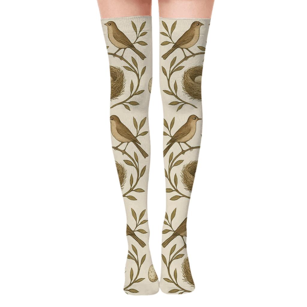 Nostalgic Aviary Tiles With Bird Nests custom over-the-knee socks