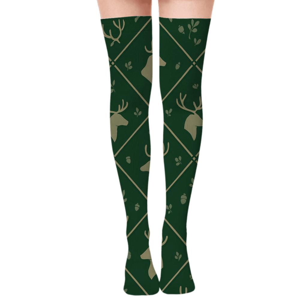 Mirrored Antler Lattice With Deer Silhouettes trendy patterned over-the-knee socks