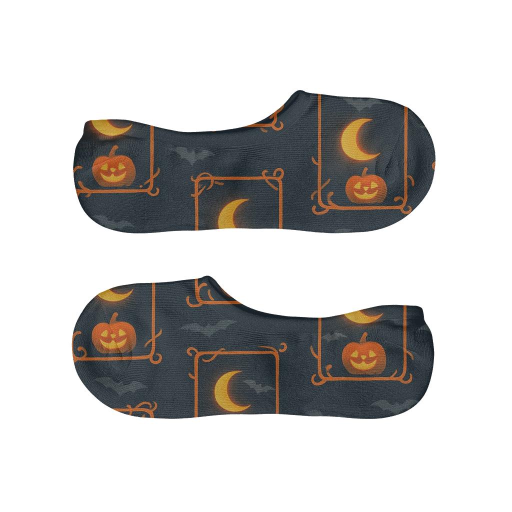 Crescent Moon Glow And Pumpkin Border Frames On Deep Navy Background personalized invisible socks
