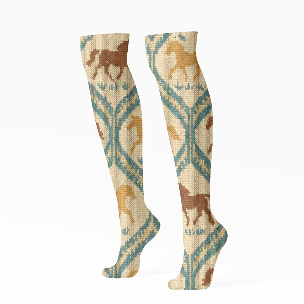 Knitted Pasture Rhythm With Horse Silhouettes unique graphic knee-high socks