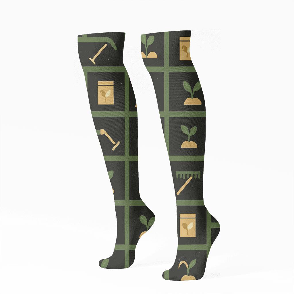 Garden Rows With Farmer Tool Lattice trendy patterned knee-high socks