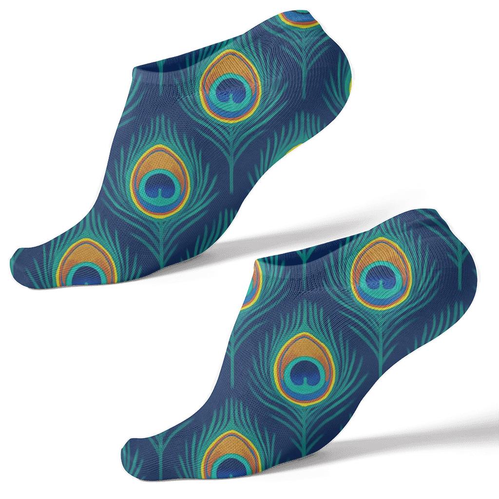 Peacock Tail Eye Grid On Navy Blue Background designer print ankle socks