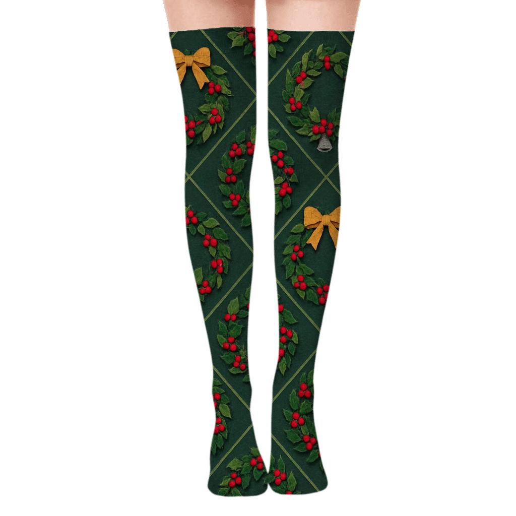 Ribbon Tied Wreath Lattice On Deep Evergreen soft everyday over-the-knee socks