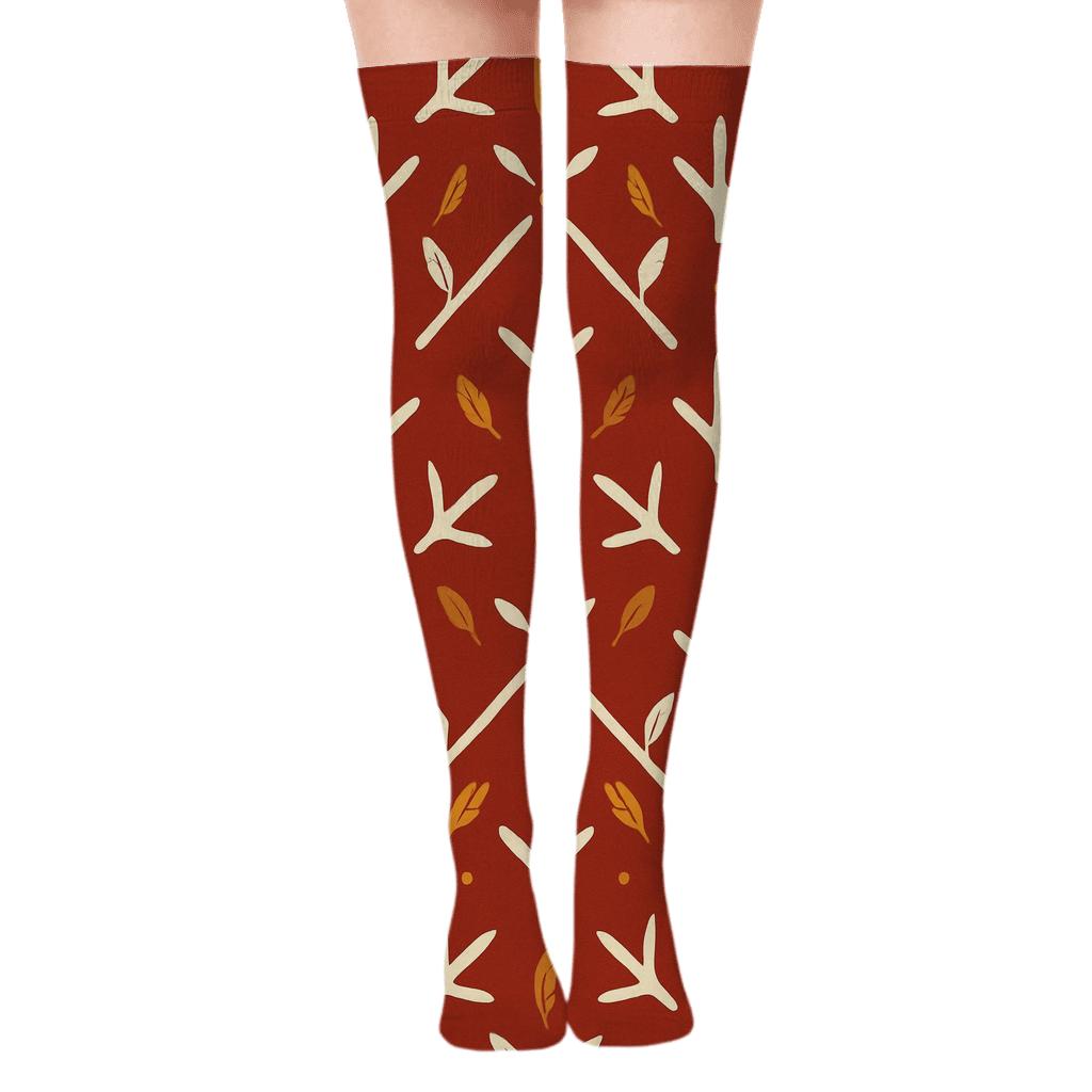 Barn Red Background With Chicken Footprint Lattice designer print over-the-knee socks