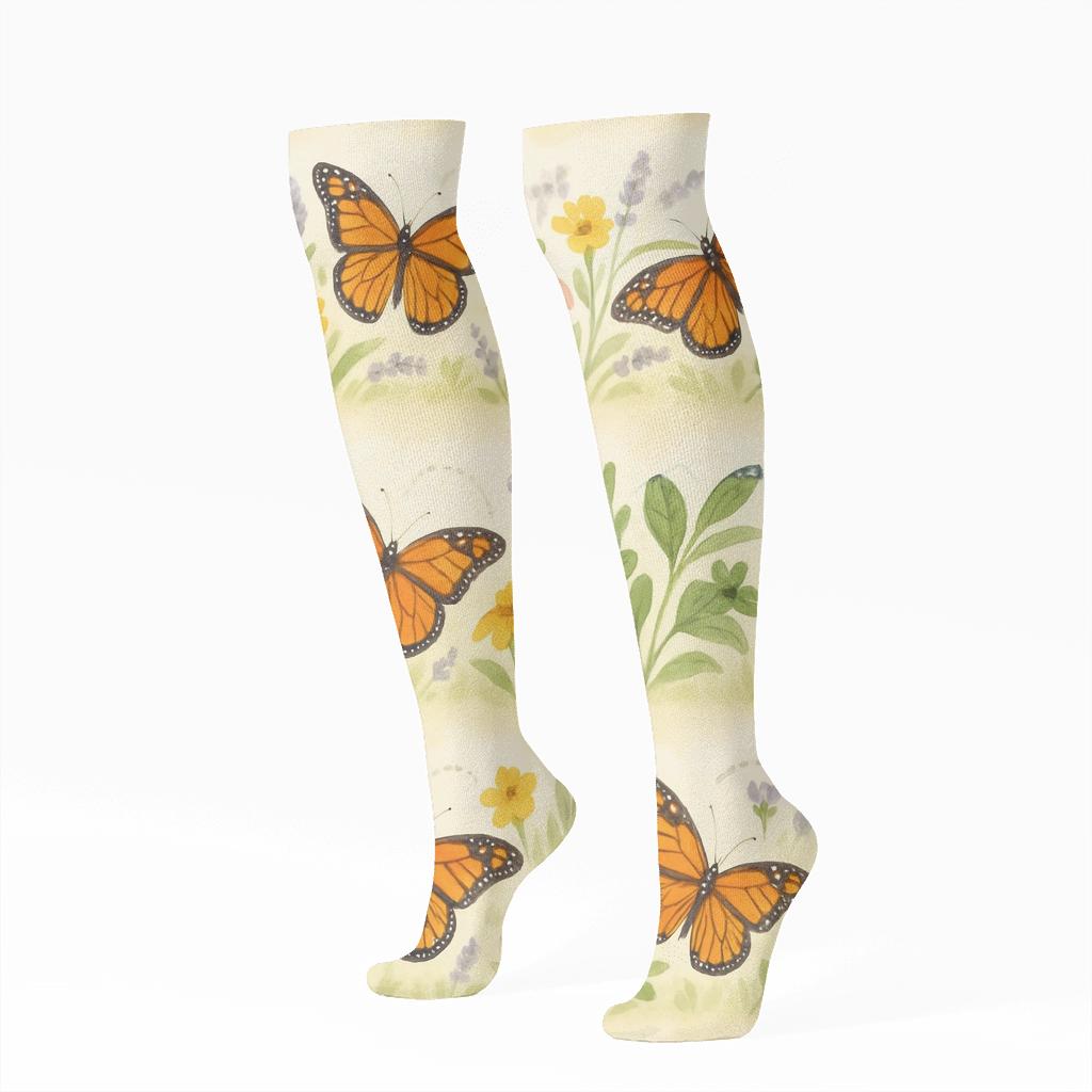 Monarch Meadow Parade Border On Warm Ivory unique graphic knee-high socks