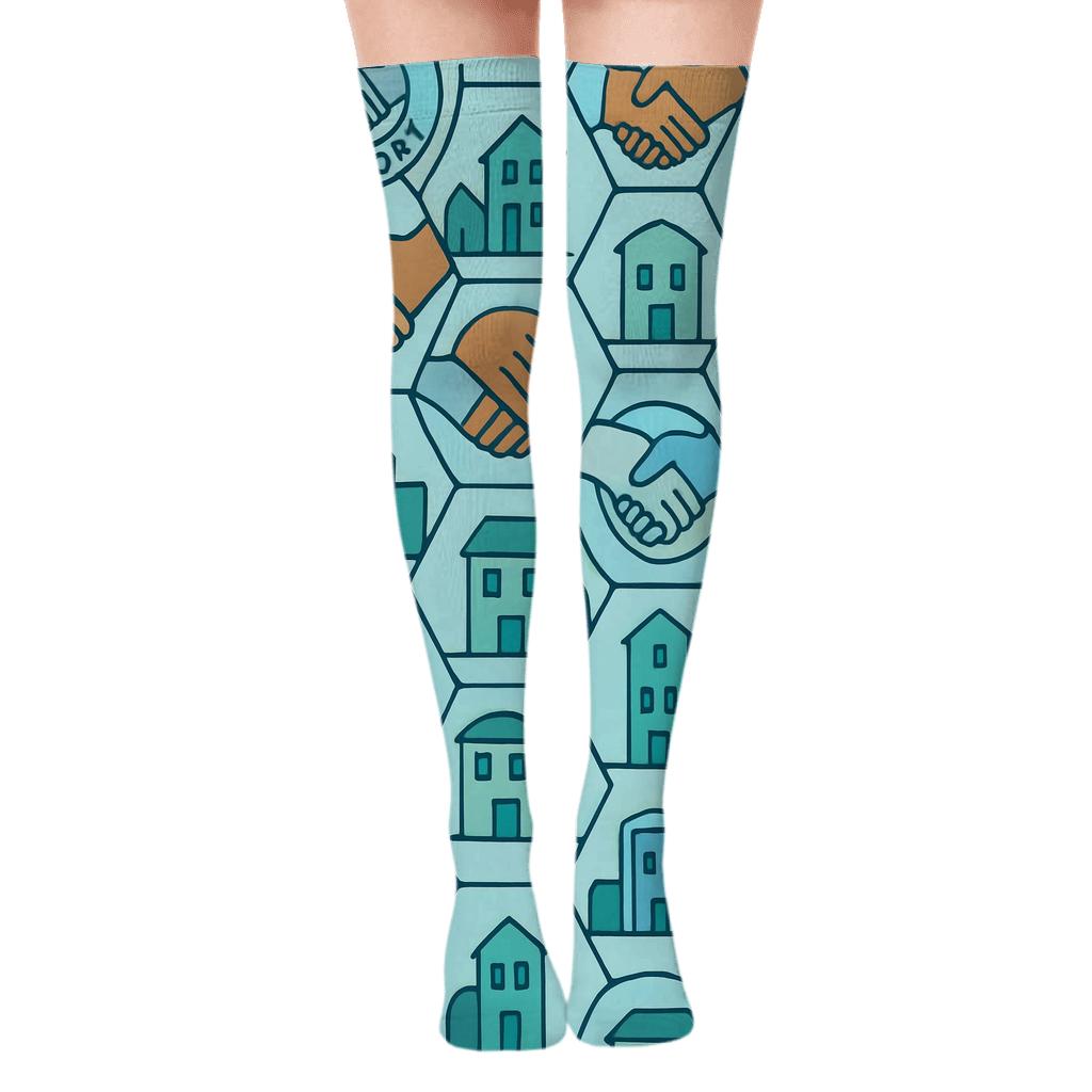 Support Circle Lattice With Social Worker Icons designer print over-the-knee socks