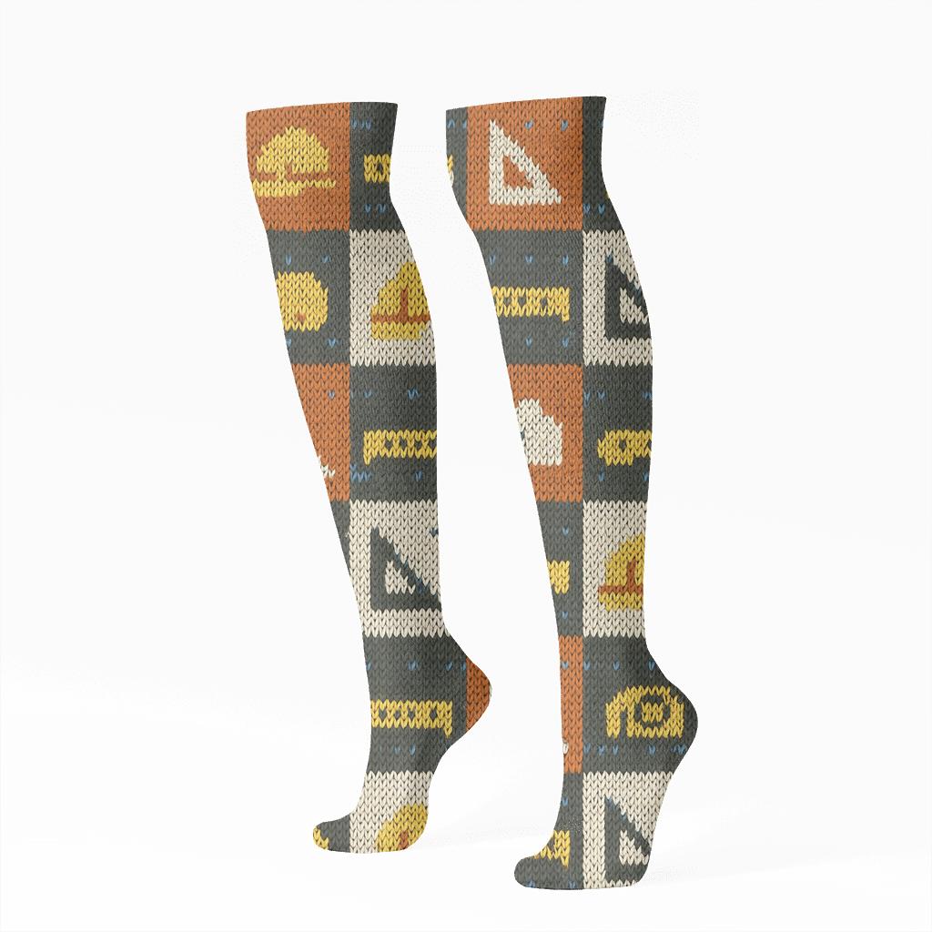 Hard Hat Civil Engineer Knitted Blueprint Check soft everyday knee-high socks