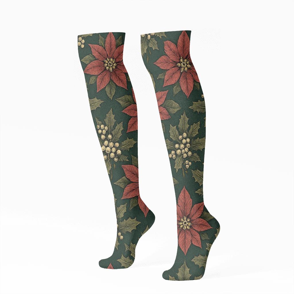 Holly Poinsettia Lattice On Midnight Green Background personalized knee-high socks