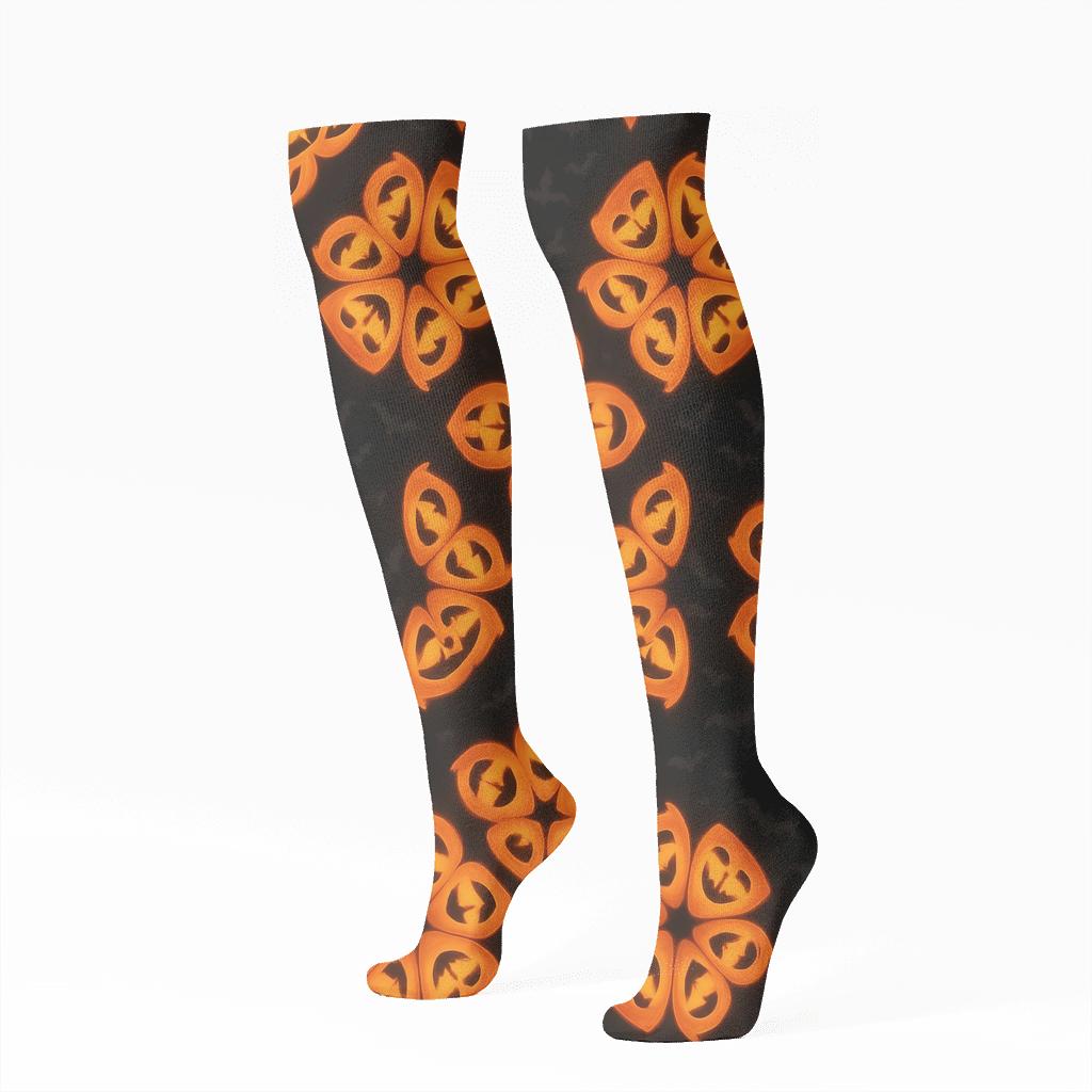 Glowing Jack O Lantern Rosette Tiles On Black Background comfortable cotton knee-high socks