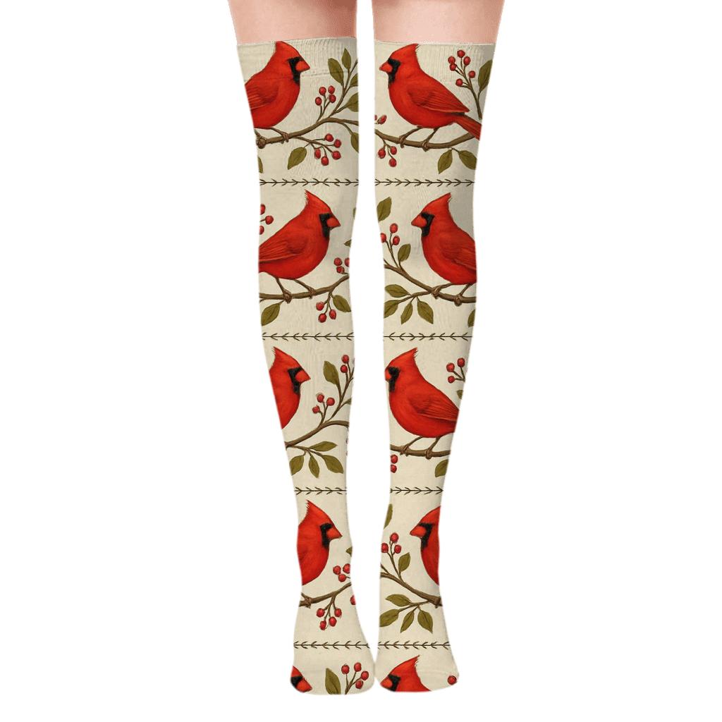 Cardinal Berry Branch Bands On Cream Background designer print over-the-knee socks