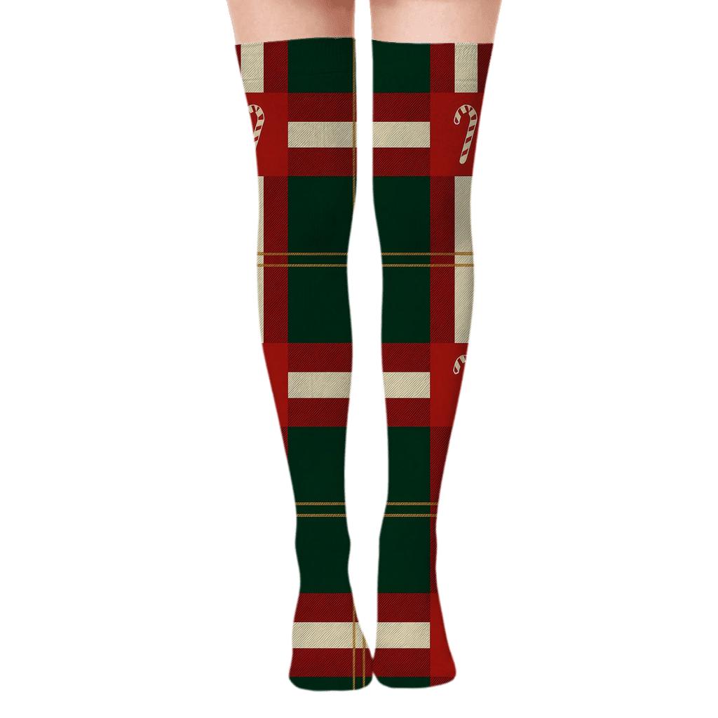 Candy Canes Stripe Interrupt Plaid On Deep Green soft everyday over-the-knee socks