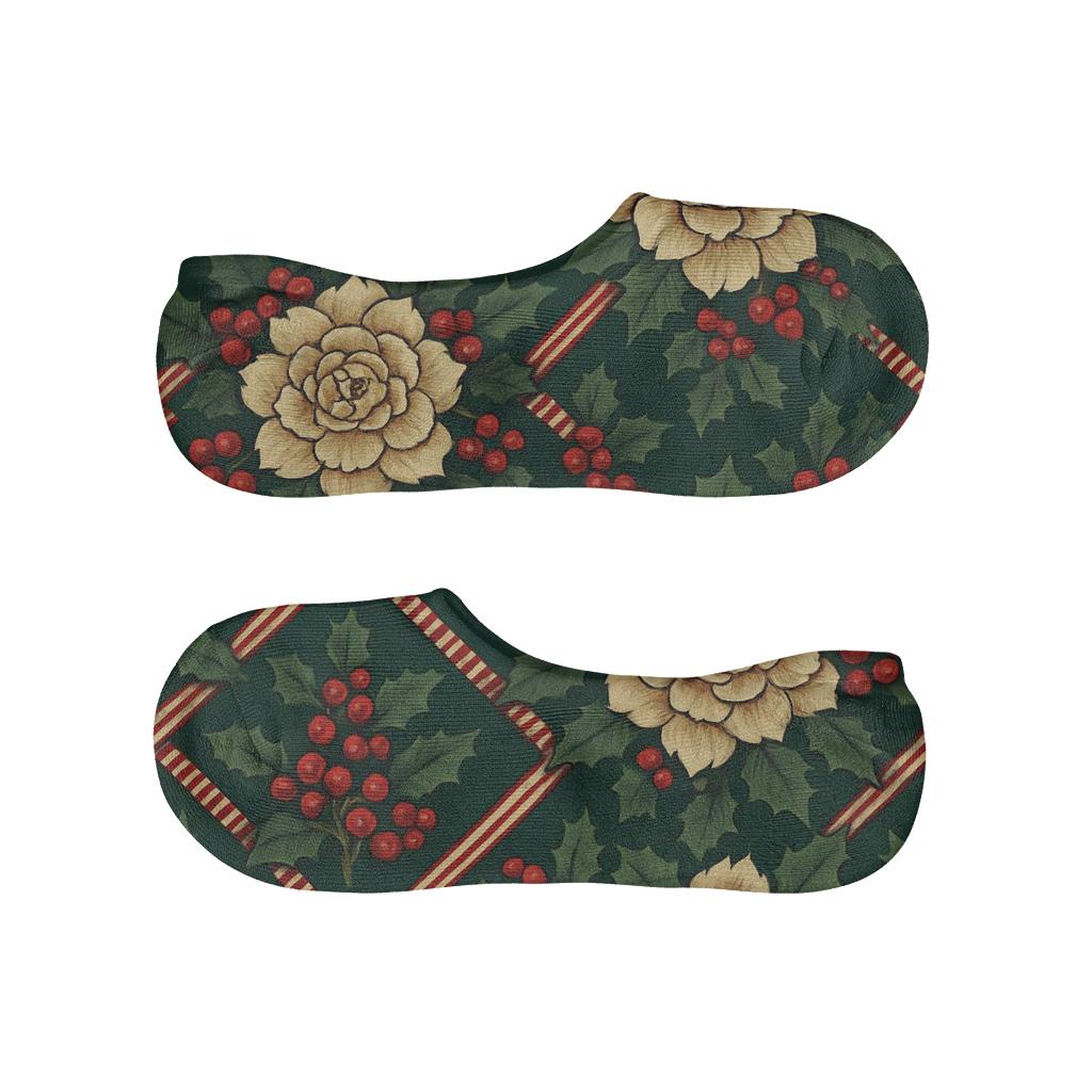 Holly Peony Ribbon Lattice On Midnight Green Background personalized no-show socks