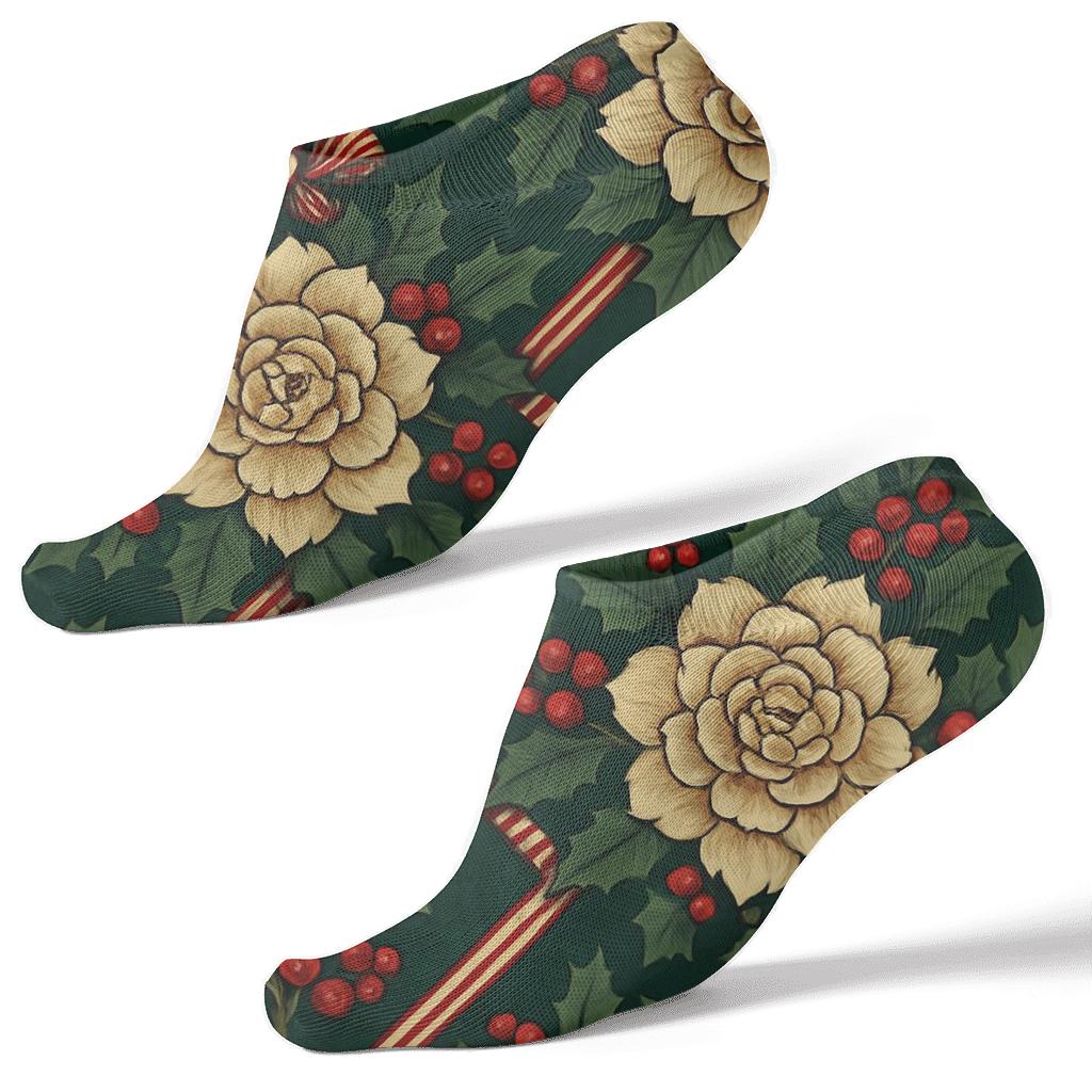 Holly Peony Ribbon Lattice On Midnight Green Background stylish athletic ankle socks
