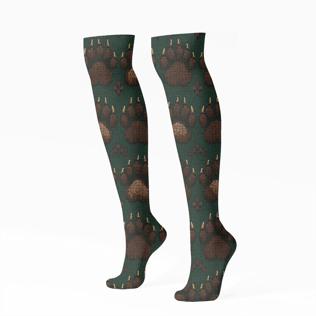Knitted Illusion Bear Paw Chevron On Forest Green stylish athletic knee-high socks