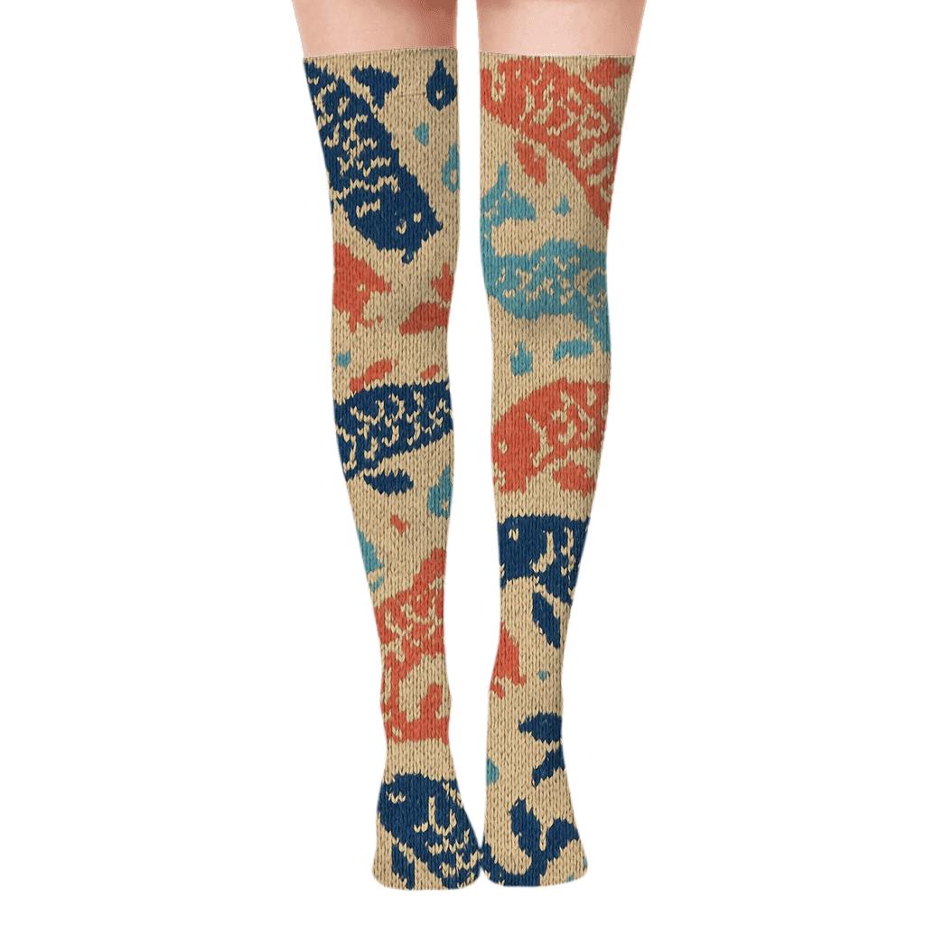 Knit Illusion Tiles With Fish unique graphic over-the-knee socks