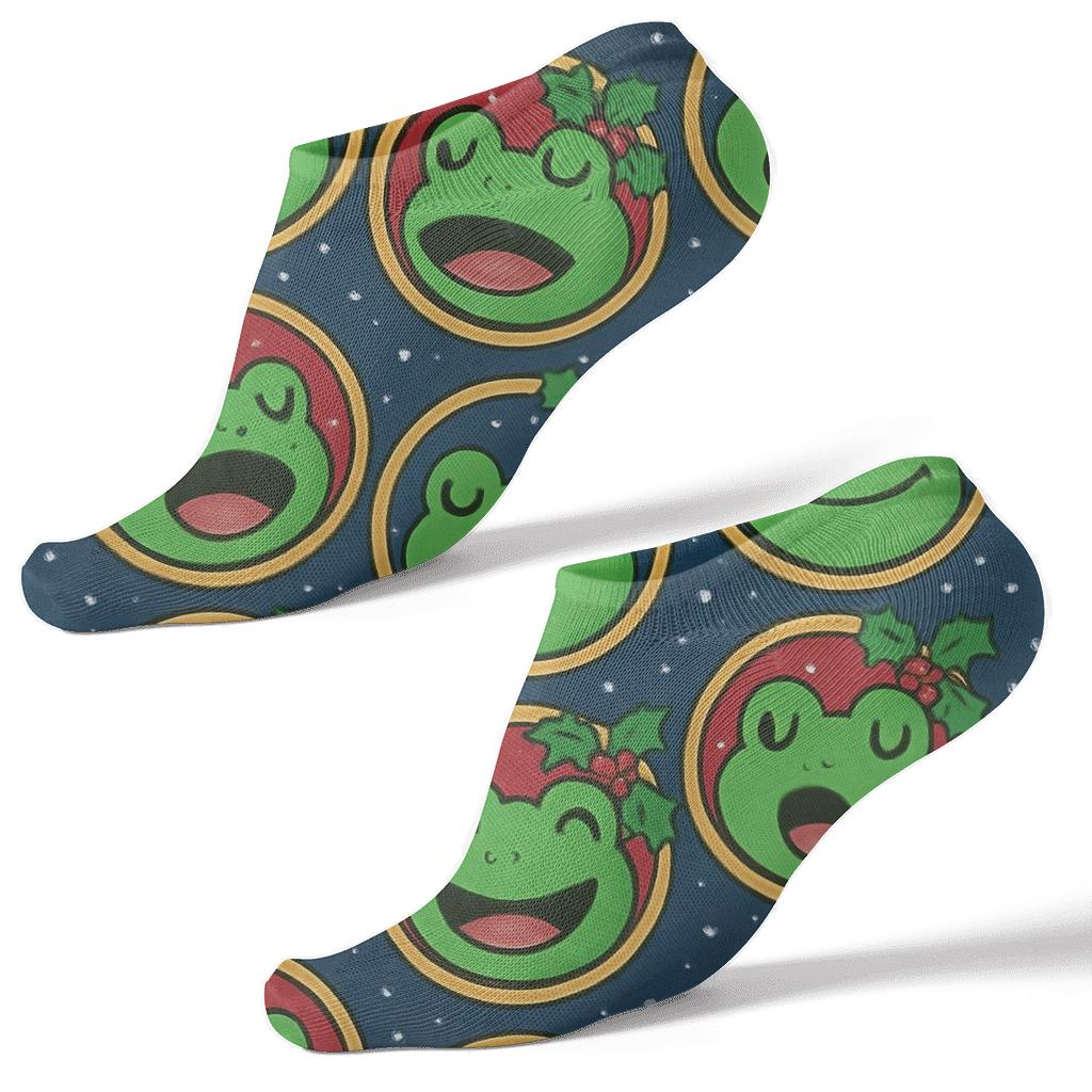 Frog Caroler Close Up Portrait Coins On Midnight Navy trendy patterned ankle socks