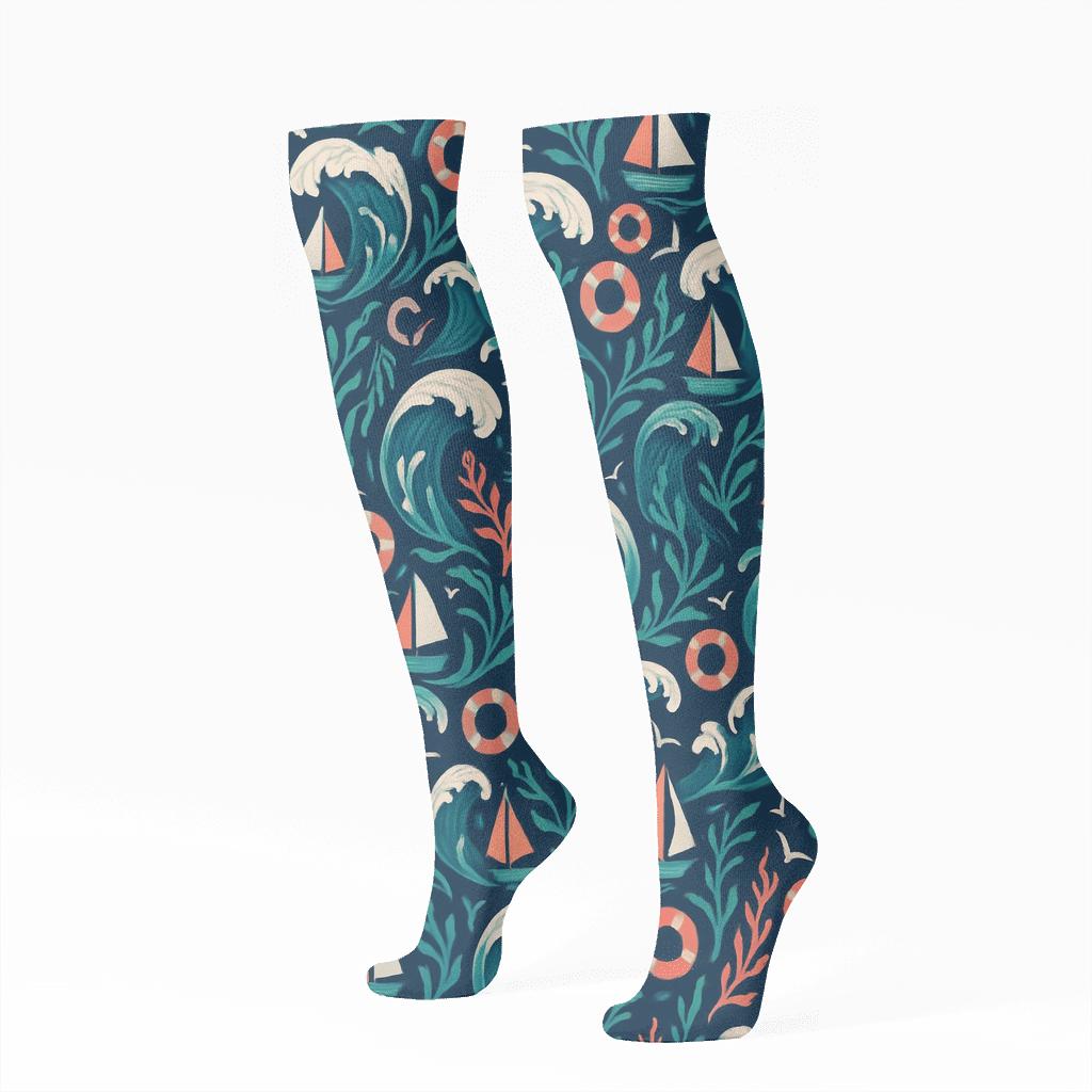 Reef Current Collage Tessellation On Deep Navy Background soft everyday knee-high socks