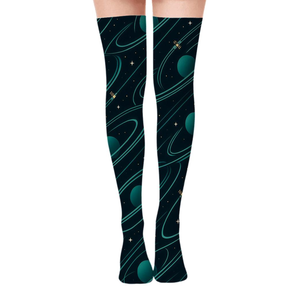 Ionized Teal Orbital Bands On Deep Navy Background trendy patterned over-the-knee socks