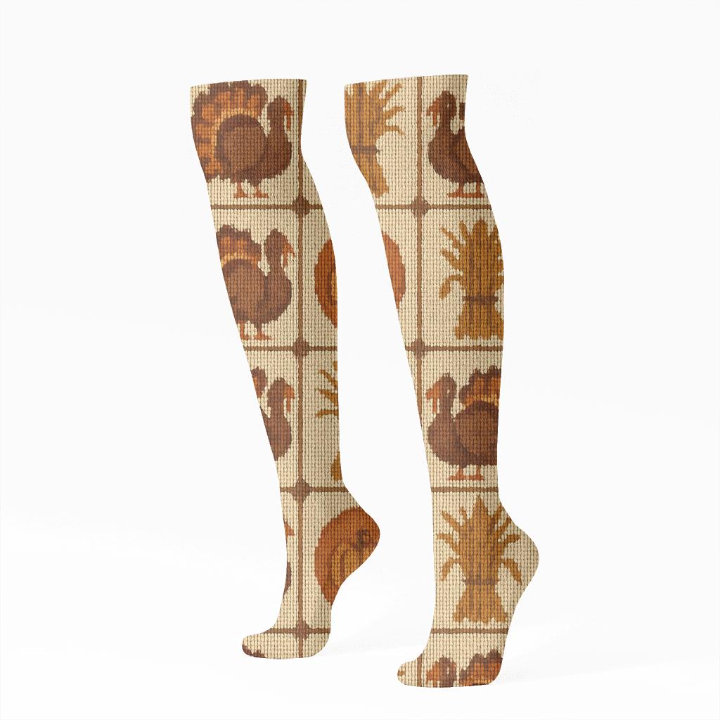 Knitted Harvest Rhythm Turkey Pattern soft everyday knee-high socks