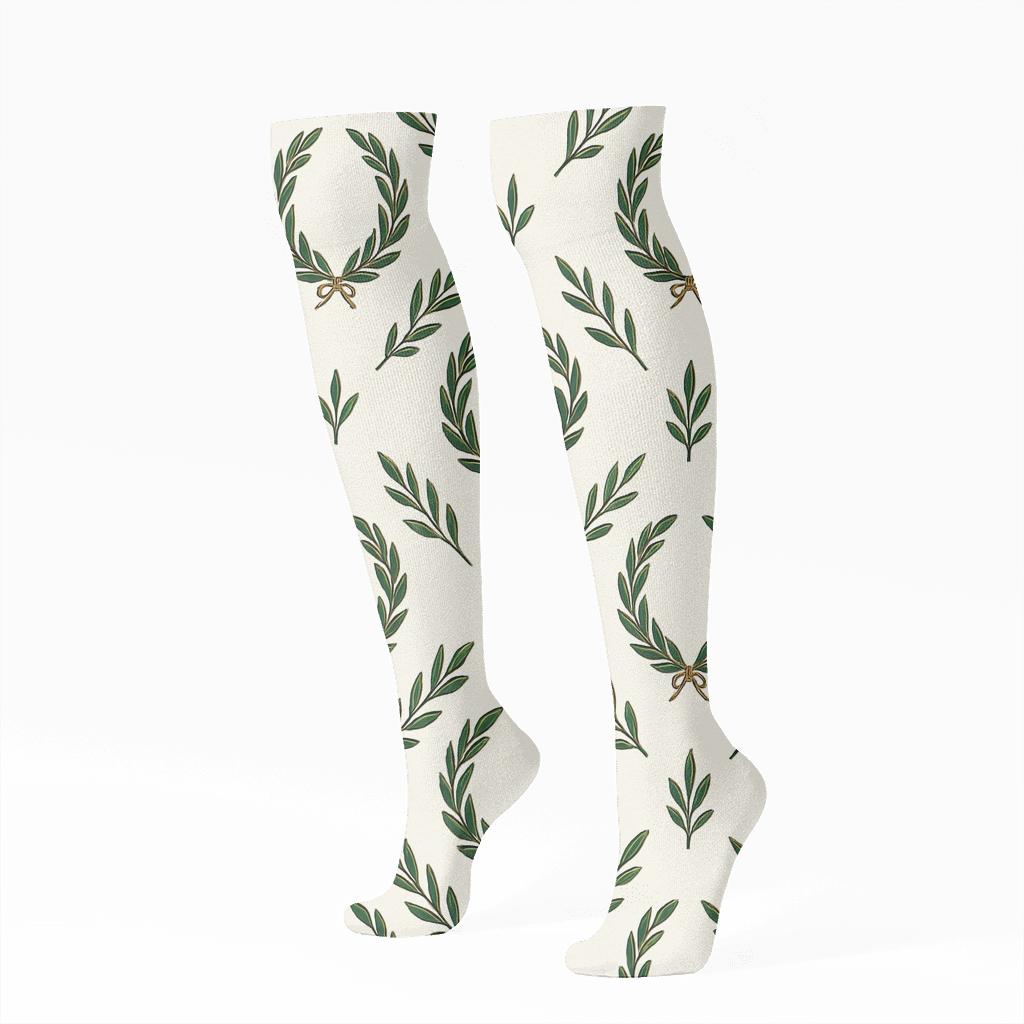 Wreath Laurel Lattice On Ivory Ground designer print knee-high socks
