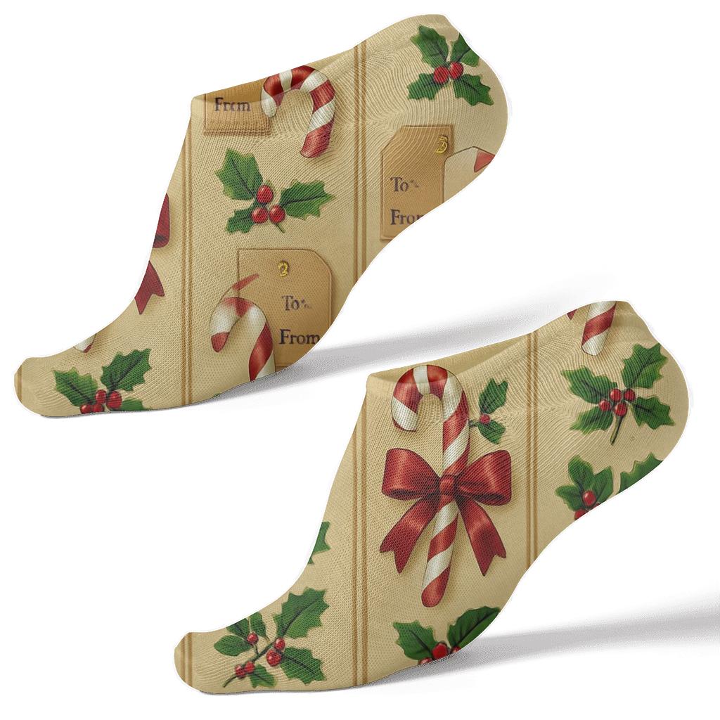 Candy Canes Ribbon Wrapped Columns On Gold Beige unique graphic ankle socks
