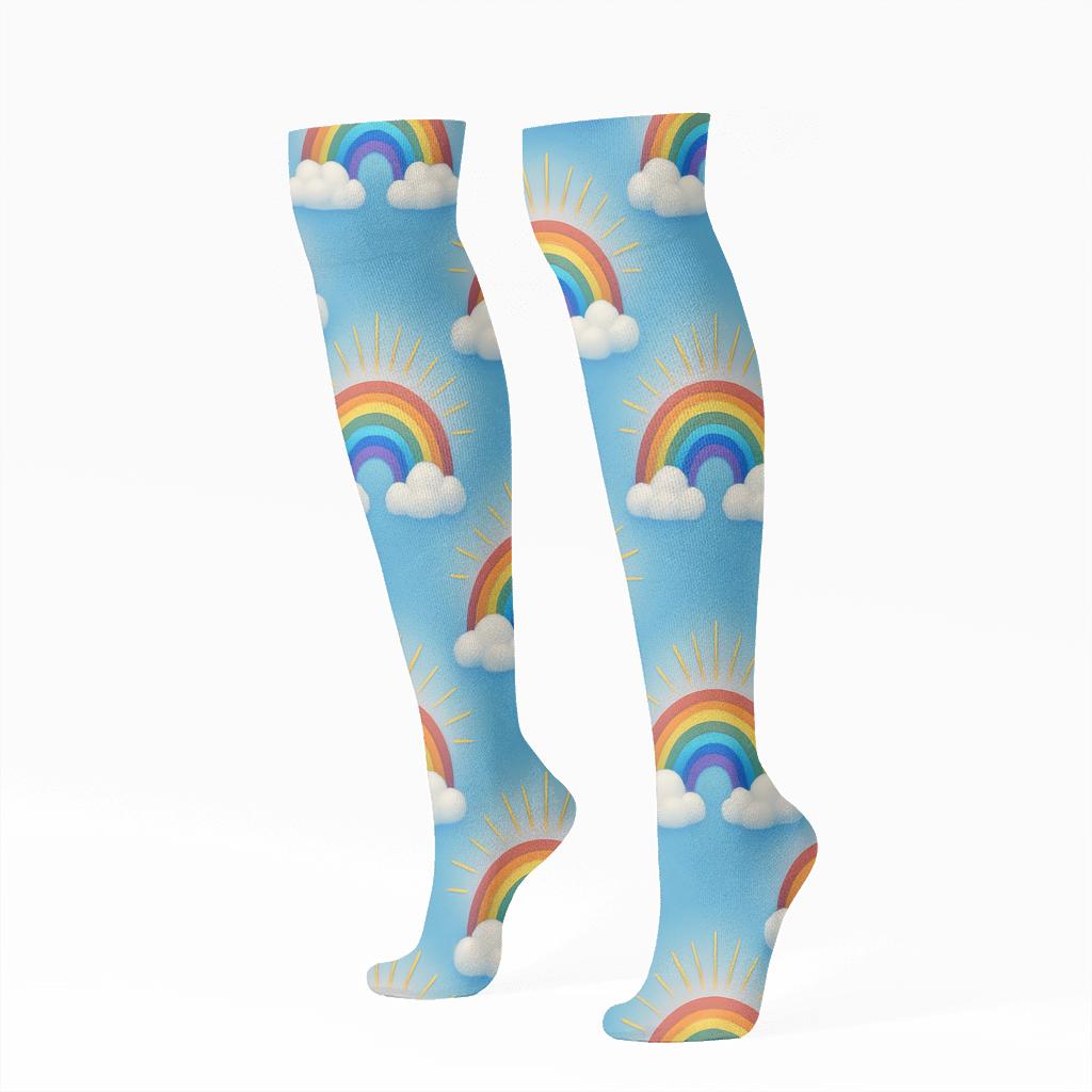 Rainbow Sunbeam Medallion Tiling On Soft Sky Blue comfortable cotton knee-high socks