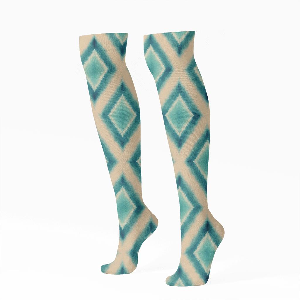Oceanic Teal Shibori Diamond Ladder On Warm Sand Background personalized knee-high socks