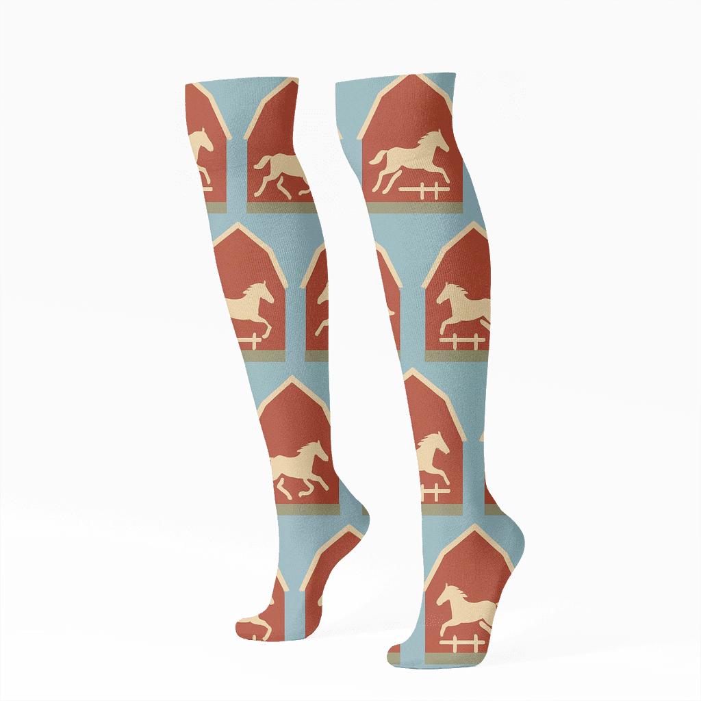 Barn Silhouette Grid With Rancher Interior Sky Blue designer print knee-high socks