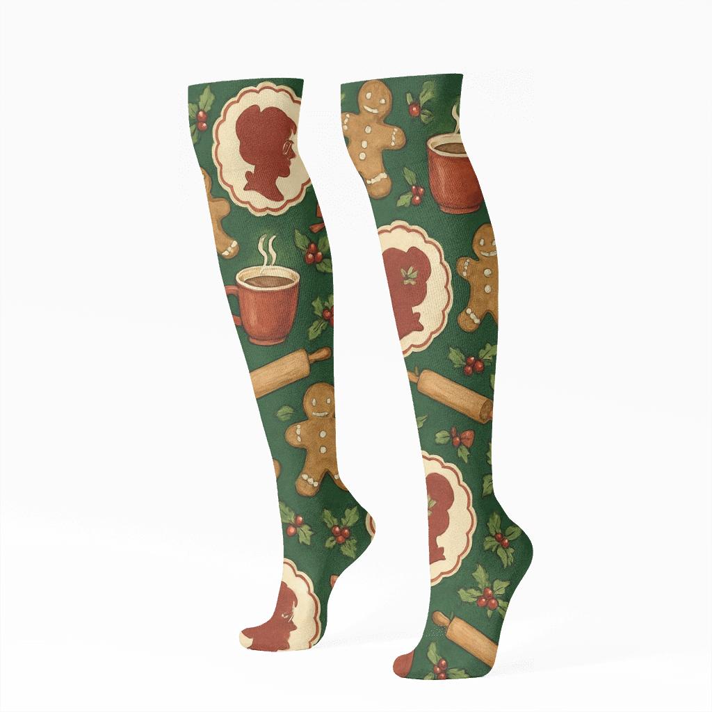 Mrs. Claus Gingerbread Kitchen Medallion Repeat stylish athletic knee-high socks