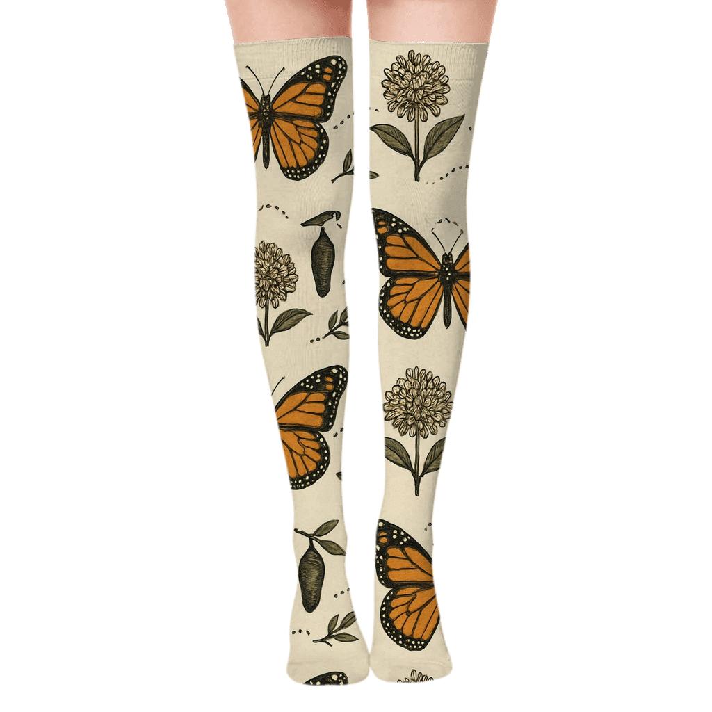 Vintage Monarch Migration Border Stripe On Ivory Background stylish fashion over-the-knee socks