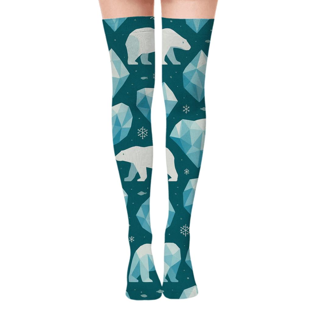 Iceberg Lattice With Polar Bear Silhouette Rhythm comfortable cotton over-the-knee socks